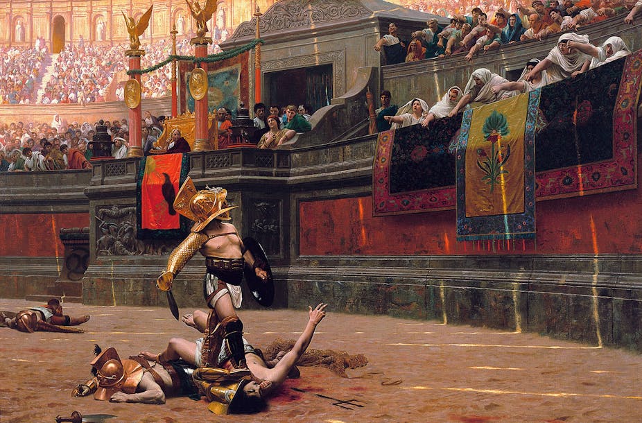 A painting of gladiatorial combat showing women in the crowd turning their thumbs down. 