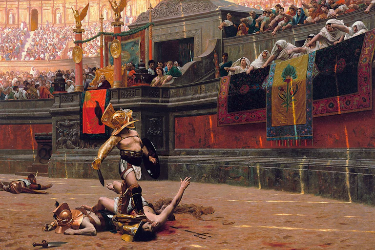 A painting of gladiatorial combat showing women in the crowd turning their thumbs down.