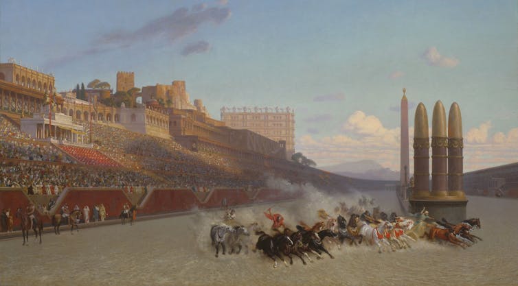 Ένας σύγχρονος πίνακας αρματοδρομιών που δείχνει άλογα να αγωνίζονται στην πίστα και να μαζεύουν σκόνη.