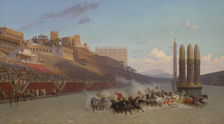 A modern painting of a chariot race showing horses racing on the track and kicking up dust.