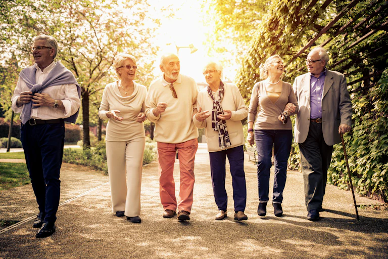 Groupes de personnes âgées se promenant dans la nature