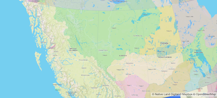 A map of Western Canada showing land covered by different treaties.