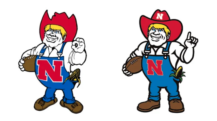 Two cartoon logos of farmers in overalls wearing red cowboy hats.