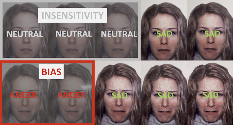 Two rows of five faces of a woman's face gradually changing expression from mildly sad to very sad. In the first row, the first three faces have 'Neutral' written across them and the word 'Insensitivity' written across the top. The next two faces have 'Sad' written across them. In the second row, the first two faces have 'Anger' written across them and 'Bias' written across the top. The last three faces have 'Sad' written across them.