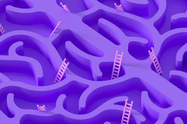 Illustration of purple brain labyrinth with pink ladders peeking over the walls