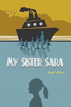 A book cover with an illustration of a girl with a pony tail and a ship on the ocean.