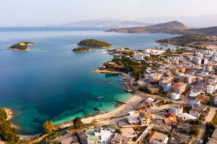 A bird's eye view of the coastal village of Ksamil, in Albania.