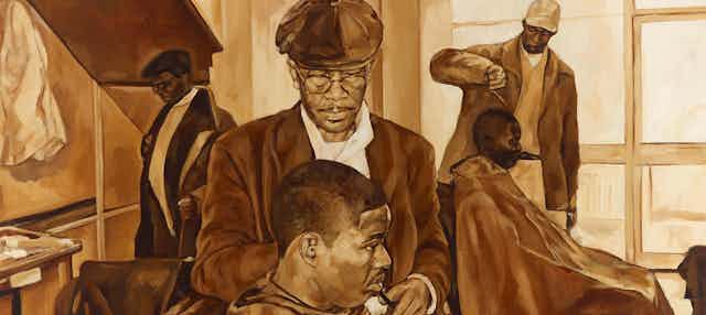 A painting of a barber shop