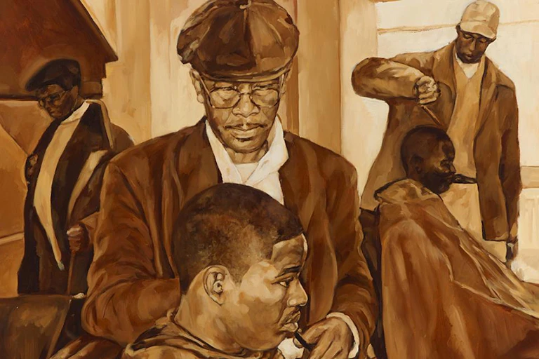 A painting of a barber shop