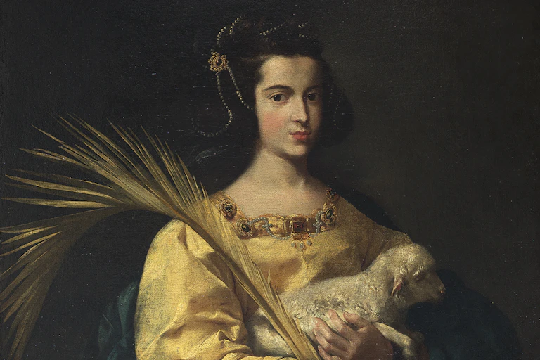 Retrato de una mujer con un cordero y una palma.
