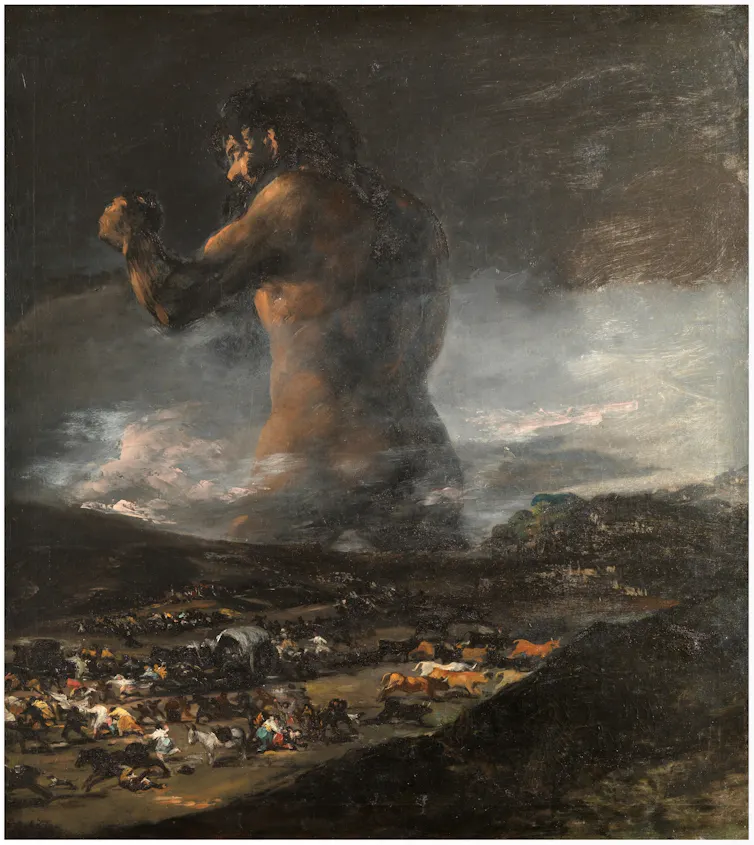 Peinture d’un géant écrasant un camp