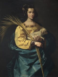 Retrato de una mujer con un cordero y una palma.