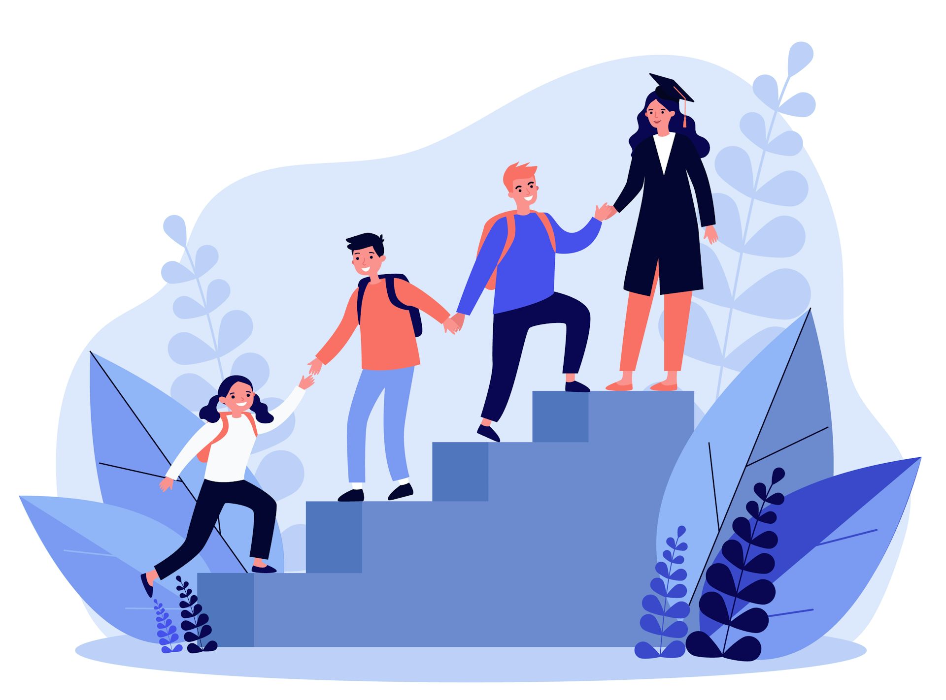 Des étudiants s’aidant les uns les autres pour monter d’une marche à l’autre d’un podium