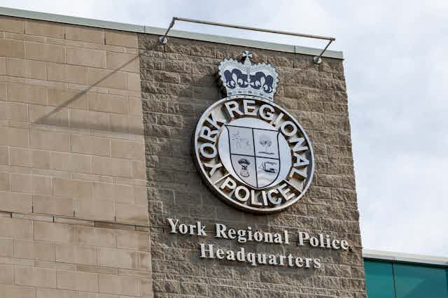 A sign on a building for the York regional Police headquarters