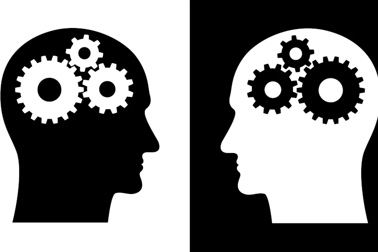 A silhouette of a heat in white on a black background, and in black on a white background with opposite color gears in each head, facing each other.