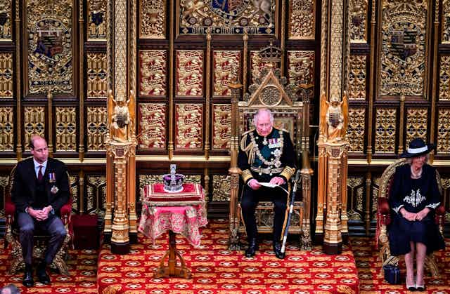 William, Charles and Camilla sit in front of a gilded wall. The Crown sits in front on a red cushion. 
