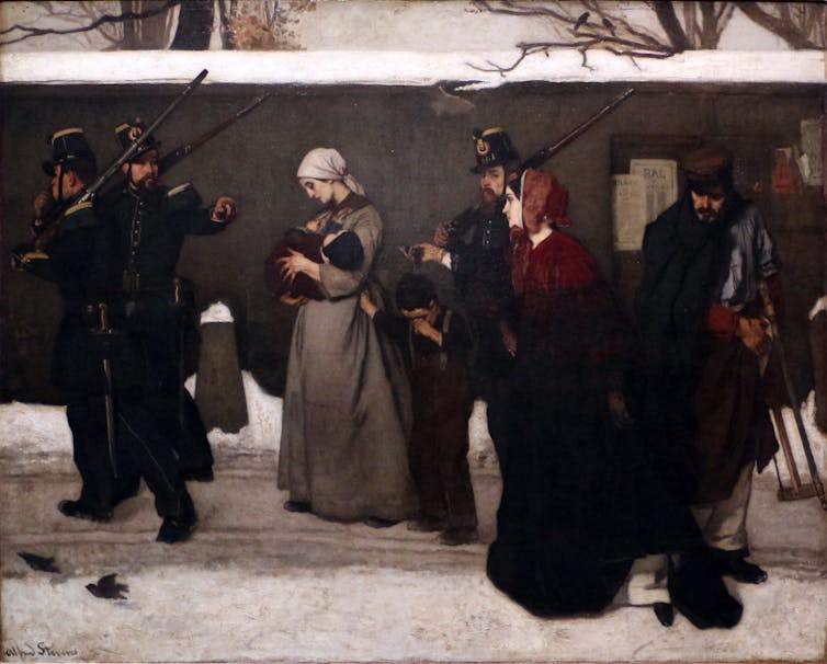 Painting of a woman with children, surrounded by police on a snowy street.