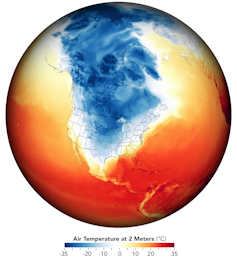 Image of the globe showing a cold air mass spilling south from the Arctic.