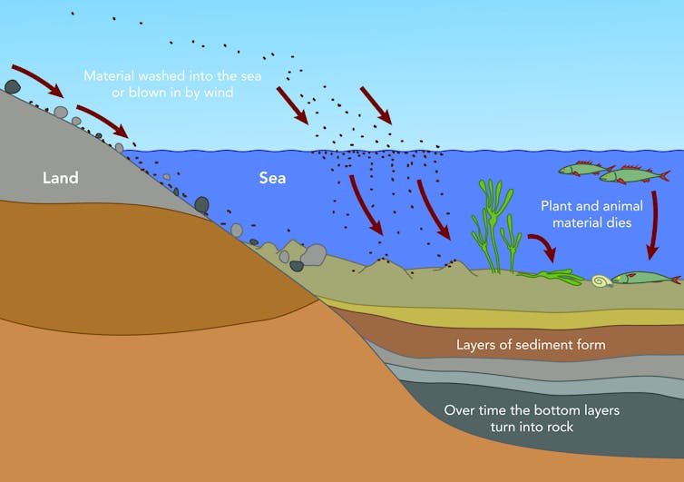 Infographic showing materials washing into the ocean and becoming compressed at depth.