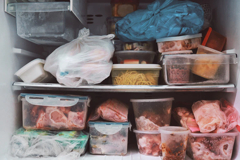 A messy freezer full of food containers including raw meat and pasta, and plastic bags