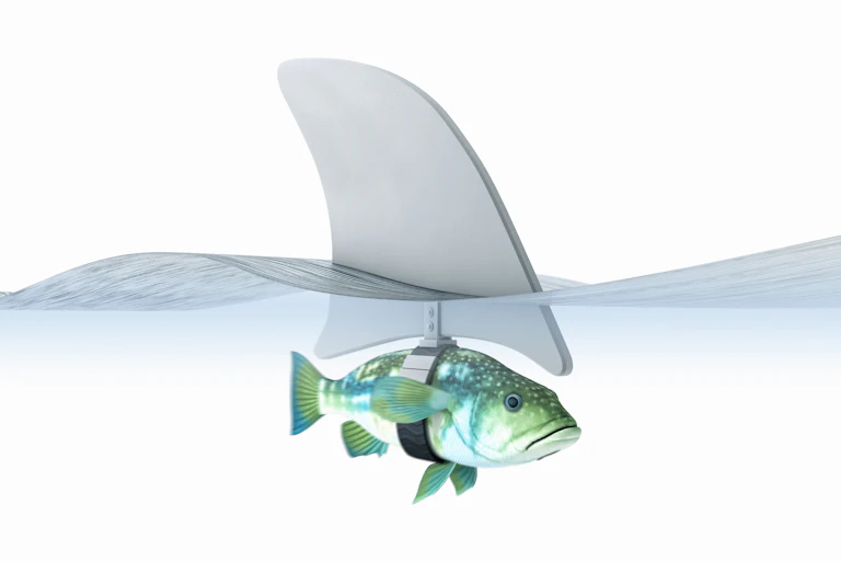 Computer graphic of small fish wearing big shark fin.