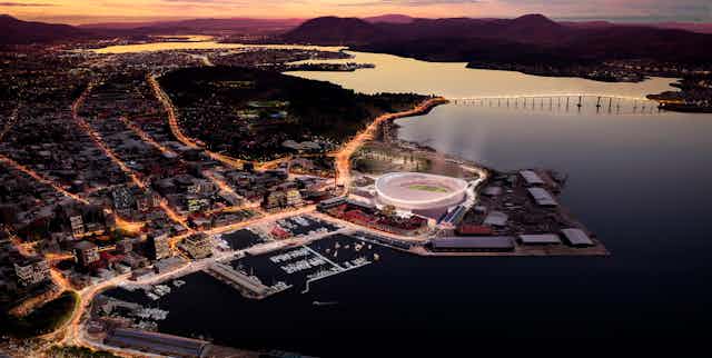 Artist's impression of the proposed AFL stadium on a redeveloped Macquarie Point in Hobart.