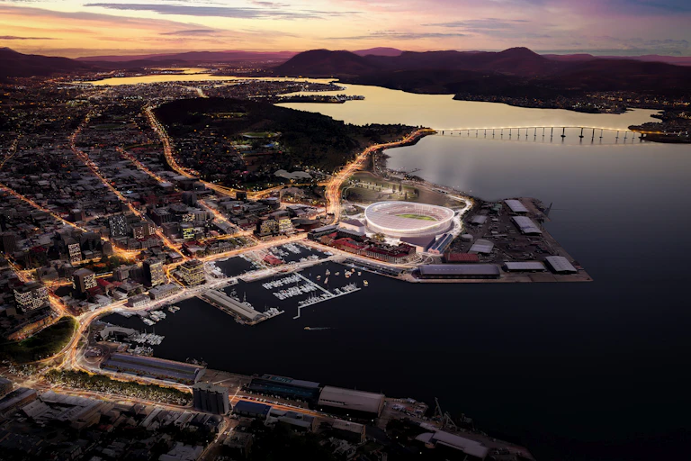 Artist's impression of the proposed AFL stadium on a redeveloped Macquarie Point in Hobart.