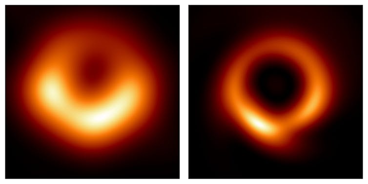 Two side-by-side images of an orange circular haze around a dark center.