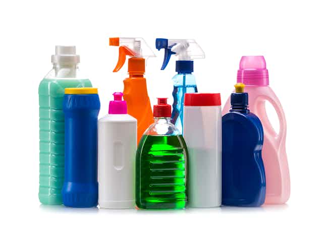 Assorted liquids in colored plastic bottles