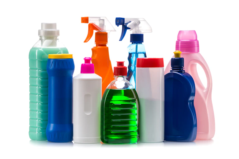 Assorted liquids in colored plastic bottles