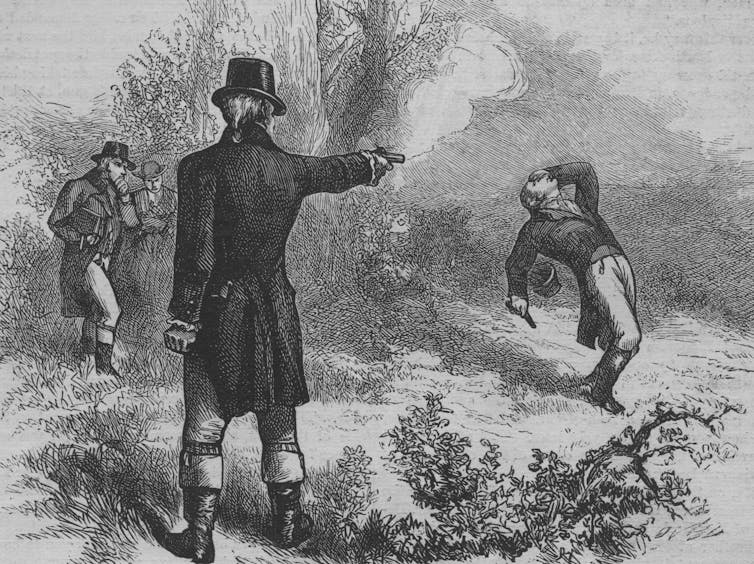 Two men in a duel, with one having shot the other.