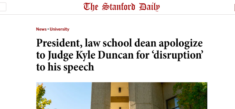 A headline from an online newspaper that says 'President, law school dean apologize to Judge Kyle Duncan for ‘disruption’ to his speech'