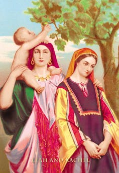 A colored illustration of two women in robes, one of whom holds a child, while the other looks downcast.