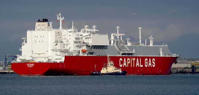 The LNG (liquefied natural gas) ship, Attalos, arrives at the Isle of Grain terminal, east of London, Wednesday Aug. 24, 2022, after travelling from Australia carrying a cargo that originated at the North West Shelf project.
