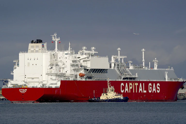 The LNG (liquefied natural gas) ship, Attalos, arrives at the Isle of Grain terminal, east of London, Wednesday Aug. 24, 2022, after travelling from Australia carrying a cargo that originated at the North West Shelf project.