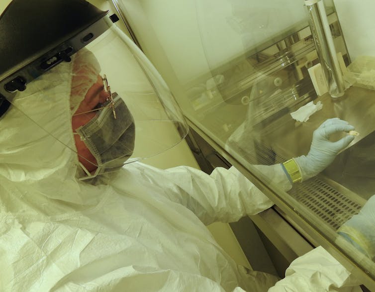 A photo of a woman in clean-room gear holding a small bone object inside a perspex box.