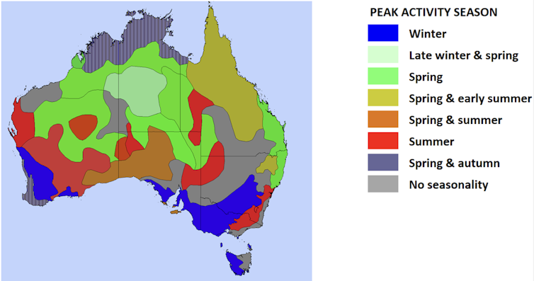 Map showing peak seasons for fire activity around Australia