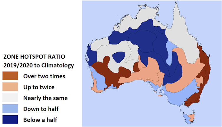 Map showing ratio of hotspots in 2019-20 to the decade average for zones around Australia