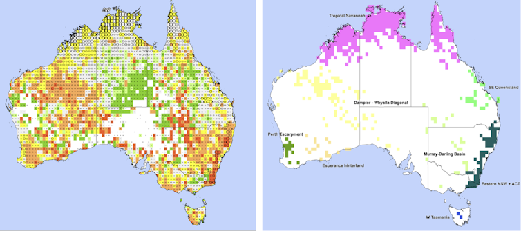 Map combining decade two hotspot count and inter-decadal ratios (left) is used to create map showing regions of change (right).
