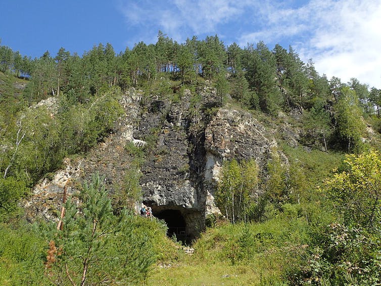 A photo of the entrance to a cave in a tree-covered hill.