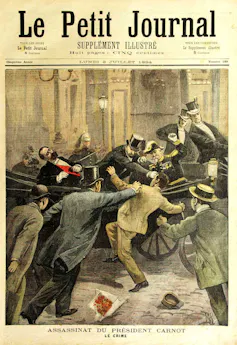 Une du quotidien Le Petit Journal, où un illustrateur a reconstitué l’assassinat du président Carnot