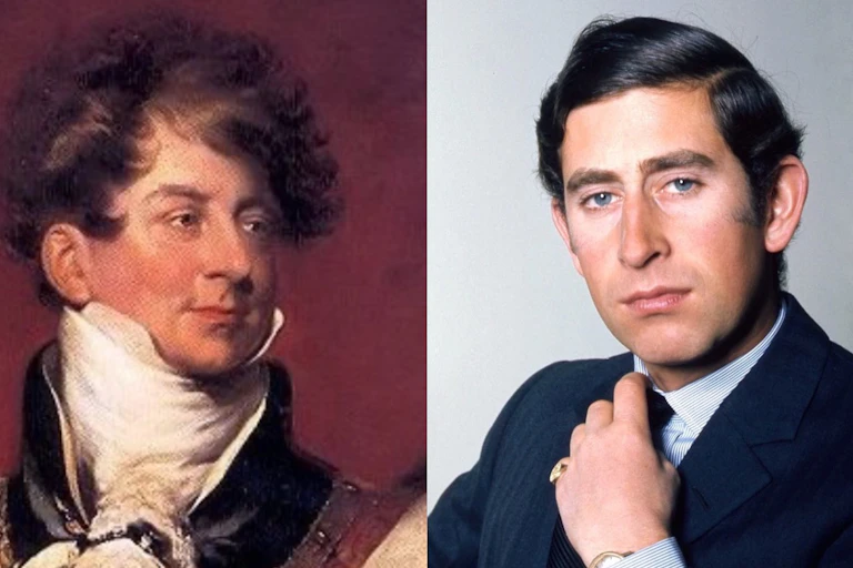 A painting of George IV next to a photograph of Charles III.