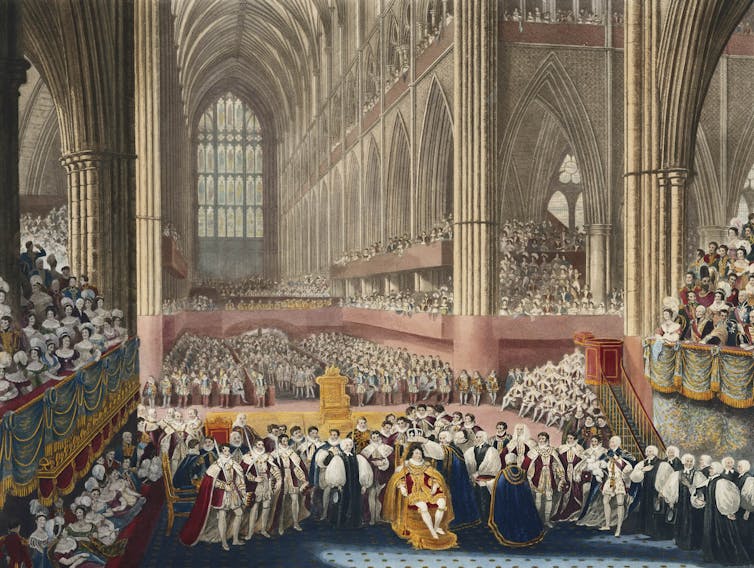 Pintura mostrando o interior da Abadia de Westminster durante a pródiga coroação de George IV.