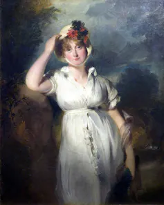 A painting of Caroline in a white dress with a floral hat.