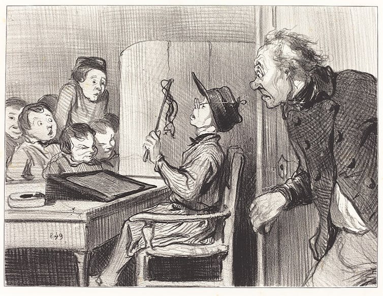 Litografía de Honoré Daumier en la que un alumno ocupa el lugar del maestro de escuela