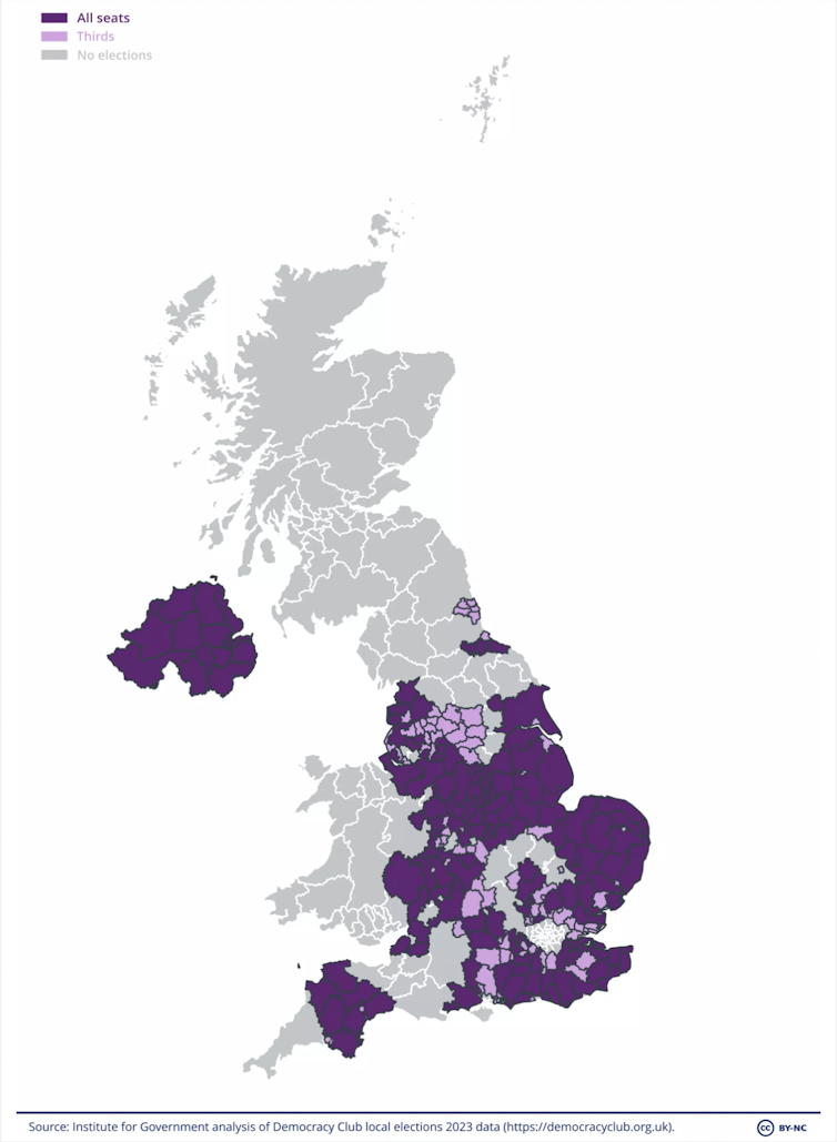 A map showing where local elections are taking place in the UK on May 4.