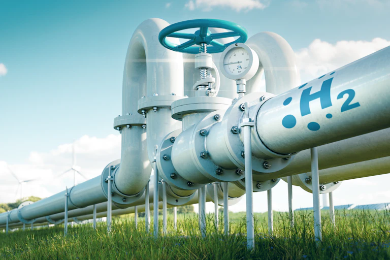 An illustration of a pipeline through a field with H2 printed on it.