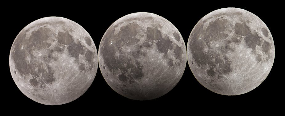 A series of three photos of the Moon with a slight shadowed section. 