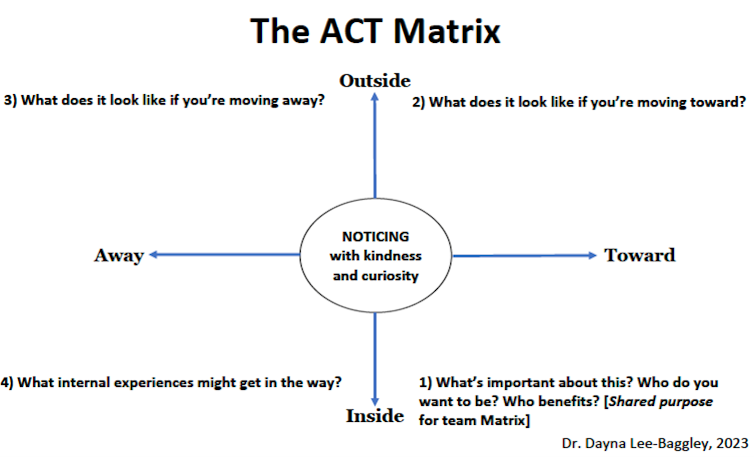 A diagram of a quadrant with 'Noticing with kindnes and curiousity' written in the centre. The top of the quadrant says 'Outside,' the bottom says 'Inside,' the left says 'Away,' and the right says 'Toward.'