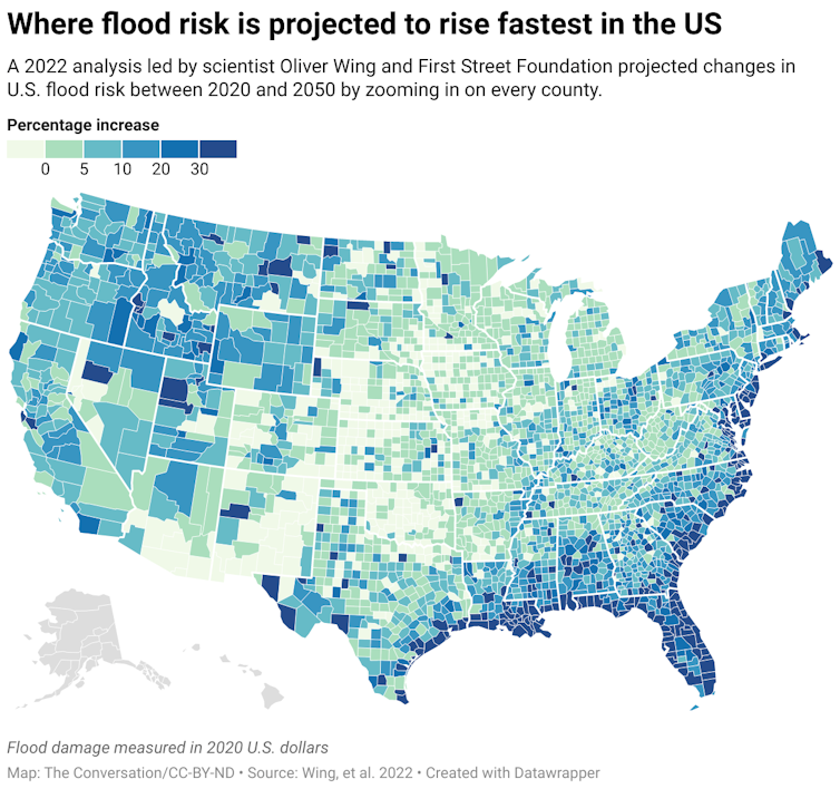A 2022 analysis led by scientist Oliver Wing and First Street Foundation projected changes in U.S. flood risk between 2020 and 2050 by zooming in on every county.